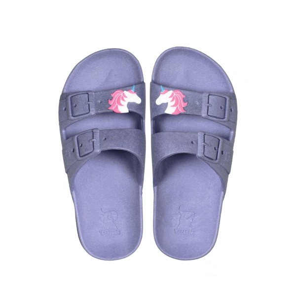 sandale violette à motif licorne cacatoès couleur parme vue de face